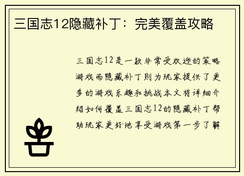 三国志12隐藏补丁：完美覆盖攻略